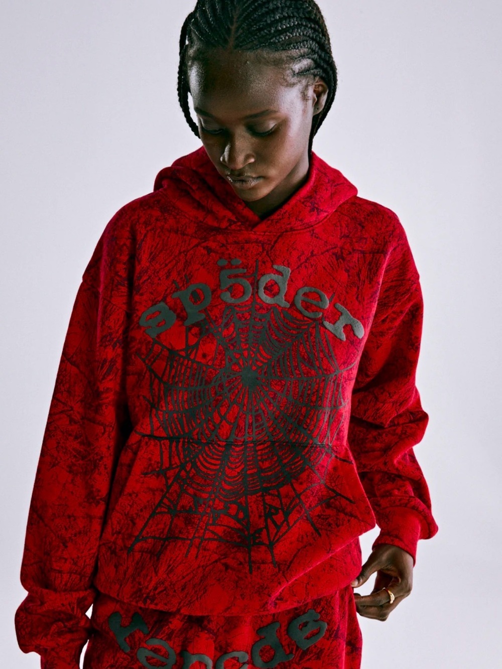 Red Sp5der Graphic Hoodie with Black Spiderweb Print